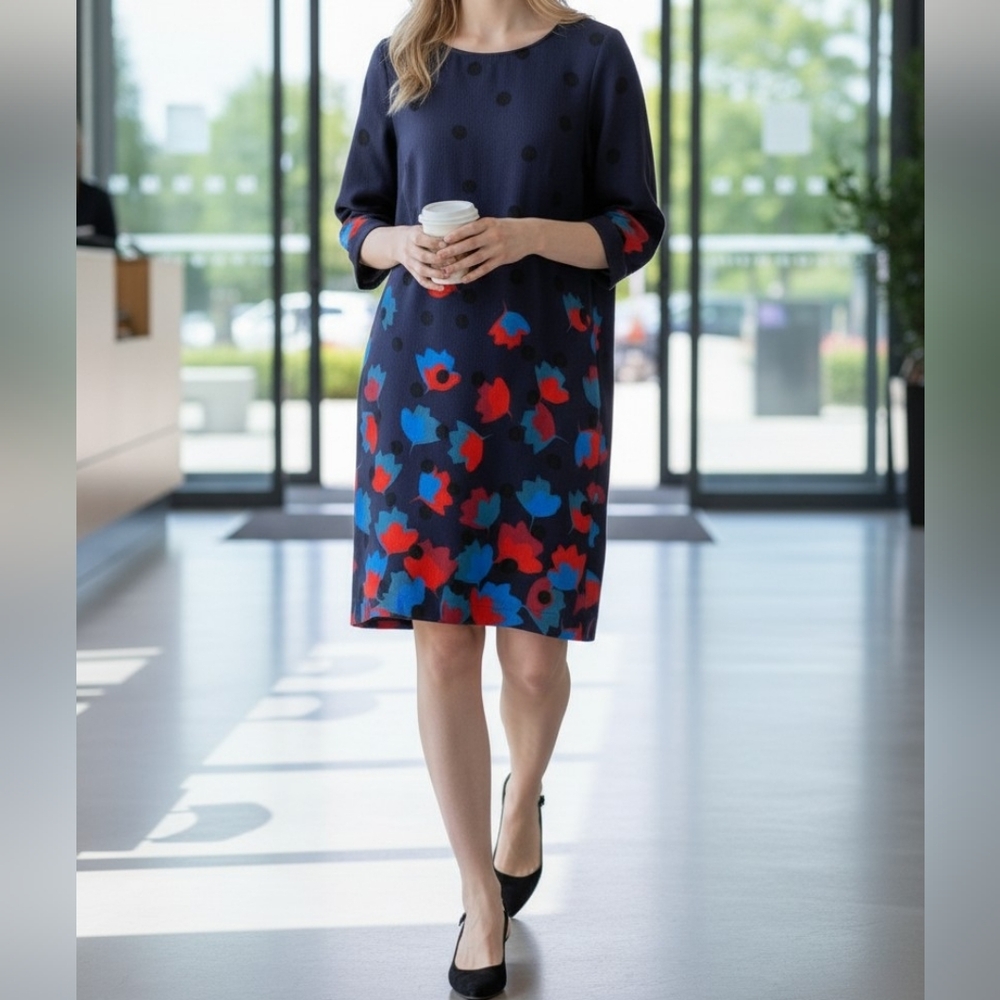 Boden Navy Midi Dress with Red & Blue Floral Print